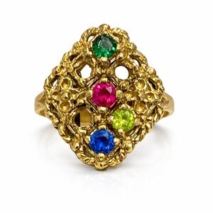Boho Vintage Filigree Gold Tone Ring Size 4.75 Multicolor Crystal Cocktail Ring